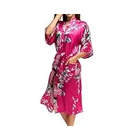 kimono chemise de nuit longue femme imprimé soie artificielle - peignoir de bain femme pour eté automne - rouge rosé - taille 2xl