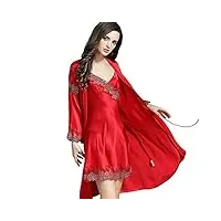 lsharon pyjama sexy pour femme 100% soie de mûrier dentelle avec bretelles de nuisette et peignoir 19 momme pure soie - rouge - medium