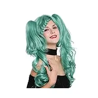 wig me up - zm-1193-sk12 perruque dame cosplay lolita courte tressée 2 couettes amovibles verte