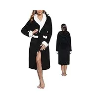 sykooria peignoir femme flanelle longue couleur de contraste avec capuche, robe de chambre 2 poches ceinture sortie de bain douce, absorbante et confortable,noir,l
