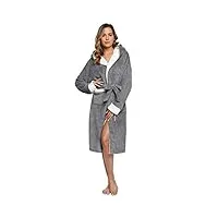 sykooria peignoir femme flanelle longue couleur de contraste avec capuche, robe de chambre 2 poches ceinture sortie de bain douce, absorbante et confortable,gris,m
