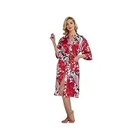 westkun-kimono japonais en satin sexy robe de chambre paon 1/2 manches peignoir demoiselle d’honneur nuptiale nuit chemise de longue soirée pyjamacadeau-femme(rouge,3xl)