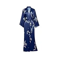 prodesign kimono robe de nuit femme longue robe de chambre motif feuille kimono peignoir long en satin longueur 53"/135cm (bleu foncé)