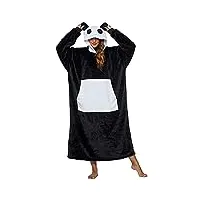 couverture à capuche surdimensionnée panda flanelle douce robe sweat à capuche longue sweat pull chaude confortable tv couverture (noir, taille unique)