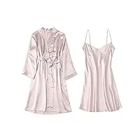 peignoir nuisette femme chemise de nuit 100% soie,2 pièces robes de chambre kimono (gris, xl)