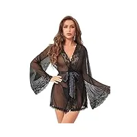 ohyeahlady peignoir femme mesh nuisette dentelle sortie de bain vêtements de nuit robe + g-string ensemble