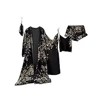 5 pièces femmes Été robe de chambre satin sexy robe chemise de nuit pour femmes pyjamas ensemble peignoir,noir,s