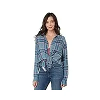 lucky brand women's raw edge cropped button down shirt, smoke blue plaid, large