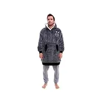 all-in - poncho plaid 100% recyclé - hoodie intérieur sherpa, extérieur velours - matière chaude confortable - modèle femme xs-m de 1m50 à 1m75 - anthracite