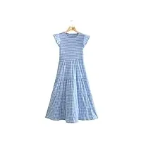 bohème pour les femmes robe d'été florale pour la fête mignon swing ceinture décontractée bleu plaid col rond robe à manches volantes (couleur : a, taille : s) (as)