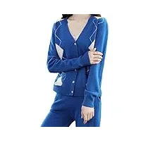 youllyuu 100% laine tricoté pull costume femmes col en v losange plaid cardigan tricot pantalon large blue xxl