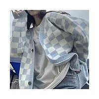 cabule style coréen surdimensionné plaid cardigan pull femmes vintage damier tricot veste mode à manches longues pull femme-bleu ciel-s