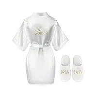 bbto peignoir et pantoufles de mariée robe courte en satin blanche chaussons de demoiselle d'honneur pour femme et fille (m)