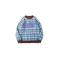 sukori pulls pour hommes color block plaid men oversize knitted sweater round neck casual women tops pullover (color : purple, size : l)