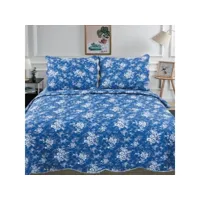 couvre-lit fleurs blanches sur fond bleu 220x240cm + 2 taies d'oreillers 65x65 - c-1-52
