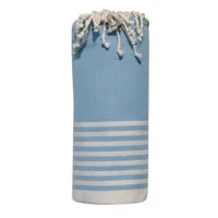 grand fouta drap plage et hammam coton petites rayures blanches 150 x 250cm - bleu
