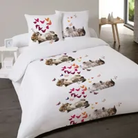 housse de couette 200x200 sweet kitty + 2 taies coton 52 fils - blanc