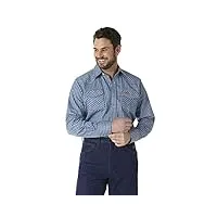 wrangler men's flame resistant western two pocket snap shirt, blue plaid, l