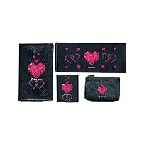 parure 4 pièces en cuir noir porte chéquier long porte carte grise porte carte porte monnaie amour rose saint valentin personnalise avec votre prenom