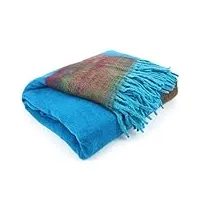 nittin handlooms tibétain yak's laine châle couverture - bleu avec vert & rouge inverse, one size