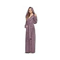 peignoir de bain femme robe de chambre esthétique à capuche extra long tissu en éponge 100% coton, prune clair, l