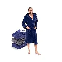 twinzen - robe de chambre homme i peignoir polaire en microfibre (100% polyester) avec capuche - taille m - bleu foncé - certifié oeko-tex®