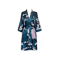 kim+ono kimono court en satin pour femme - motif floral, chrysanthème et grue - marine, taille unique