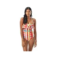kate spade new york garden plaid ruffle bandeau one-piece w/underwire and removable straps multi lg