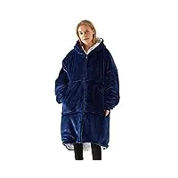 couverture sweat à capuche femme homme chaud doux pull en polaire avec poche frontale unisexe robe de couverture flanelle avec fermeture éclair (dark blue)