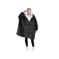catalonia classy couverture portable sherpa surdimensionnée avec fermeture À glissière, couverture moelleuse pour chandail chaud et confortable pour adultes femmes hommes jeunes, grande poche noir