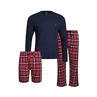 u.s. polo assn. men's pajama set - 3 piece waffle knit long sleeve t-shirt, flannel lounge pants, and shorts, size x-large, maritime blue/scooter plaid