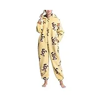 greensen pyjama combinaison gant de toilette dessin animé peluche à capuche vêtements de nuit gants de toilette dessin animé pyjama une pièce pyjama doux et confortable pour couple, jaune, m