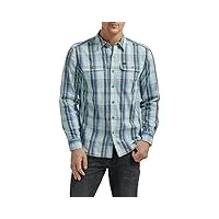 lee men's extreme motion all purpose classic fit long sleeve button down worker shirt, mushroom seaglass plaid