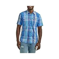 lee men's extreme motion all purpose classic fit short sleeve button down worker shirt, prep blue plaid