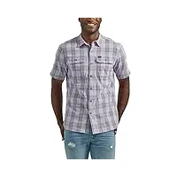 lee men's extreme motion all purpose classic fit short sleeve button down worker shirt, orchid plaid