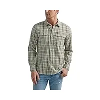 lee men's extreme motion all purpose classic fit long sleeve button down worker shirt, stone mill plaid