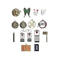 cosplaystudio kimetsu no yaiba parure de bijoux avec 13 pendentifs et 2 boucles d'oreilles | demon slayer colliers/boîte porte-clés, métal