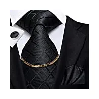 business black luxury plaid men's cravate soie cravate chaîne mouchoir boutons de manchette set design hommes cadeaux de mariage (couleur: 3 pack, taille: 1) (taille unique d)
