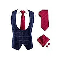 soie hommes gilets col rond bleu marine plaids gilet hommes gilet cravate rouge hanky boutons de manchette ensemble pour robe costume cadeau (couleur : a, taille : s) (bs)
