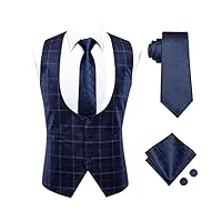 gilets en soie pour hommes col rond bleu marine plaids gilet hommes gilet cravate rouge hanky boutons de manchette ensemble pour robe costume cadeau (couleur : a, taille : s) (a xl)