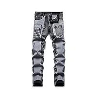 sdfgh hommes patchs spliced ​​denim jeans patchwork plaid poches slim stretch pantalon streetwear gris noir punk pantalon (color : d, size : 30 code)