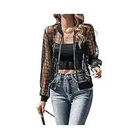 femme plaid pattern zip up sheer mesh bomber jacket (color : black, size : s)