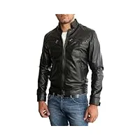 veste biker en cuir véritable noir homme slim quatre poches rindway, s, couette (autunne-hiver), noir, noir , s