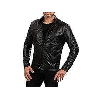 veste biker en cuir véritable noir homme slim quatre poches bouton col rindway, l, couette (autunne-hiver), marron foncé, marron foncé, l