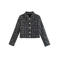 aqqwwer manteaux pour femme women tweed plaid cropped jacket coat long sleeve front gold button female outerwear tops (color : black, size : xs)