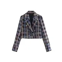 aqqwwer manteaux pour femme women's spring and autumn double row button tweed plaid suit suit coat vintage long sleeved short sleeved coat. (color : blue, size : m)