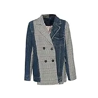 aqqwwer manteaux pour femme blazer denim patchwork contrast color double breasted irregular plaid suit jackets (color : blue, size : l)