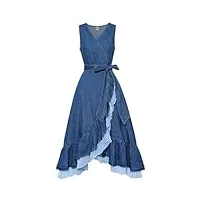 pegsmio robe longue maxi denim printemps sans manches avec ceinture col v patchwork plaid automne, bleu, s