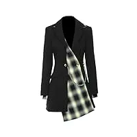 sukori manteaux pour femme women blazer plaid patchwork asymmetric metal chain long sleeve contrast color suit jackets (color : black, size : l)