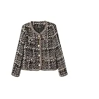 sukori manteaux pour femme jackets tweed shoulder pads plaid weave metal single breasted short coat female (color : coffee, size : l)